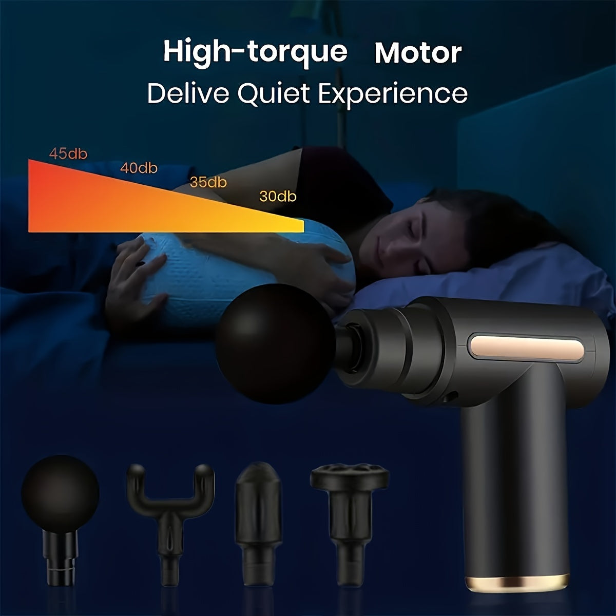 A woman sleeps in bed as the Handheld Massage Gun, Deep Tissue Muscle Percussion Massager is shown. Features include a high-torque motor, whole body use, ultra-compact design, and quiet operation at 30–45dB.