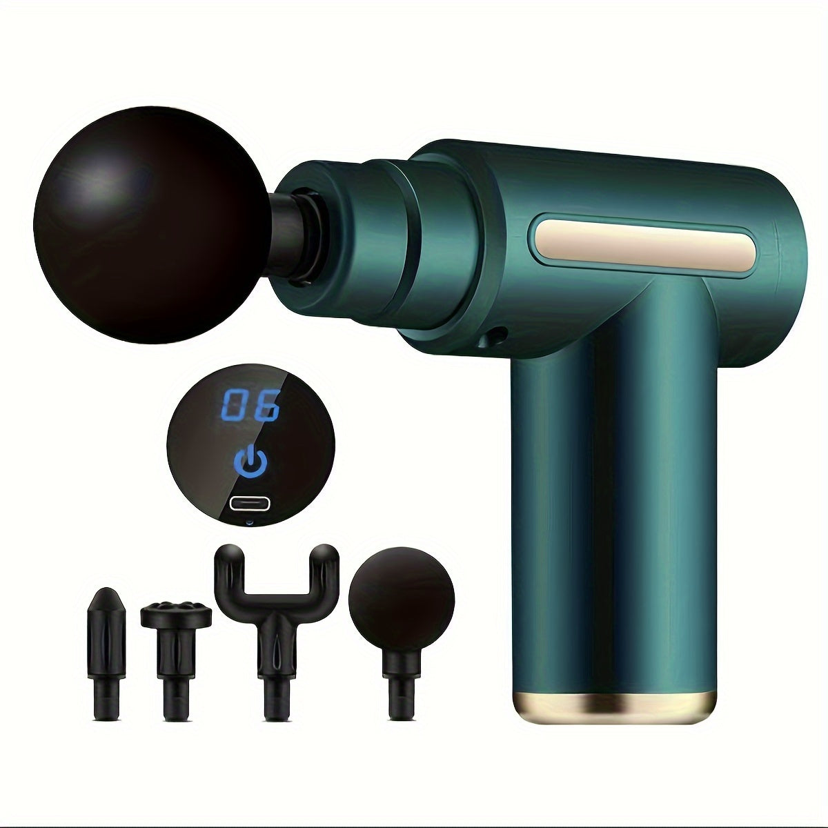 The Handheld Massage Gun, Deep Tissue Muscle Percussion Massager, features a teal and black design, digital display (06), USB charging port, rechargeable battery, and includes four interchangeable heads for body, back, and neck pain relief.