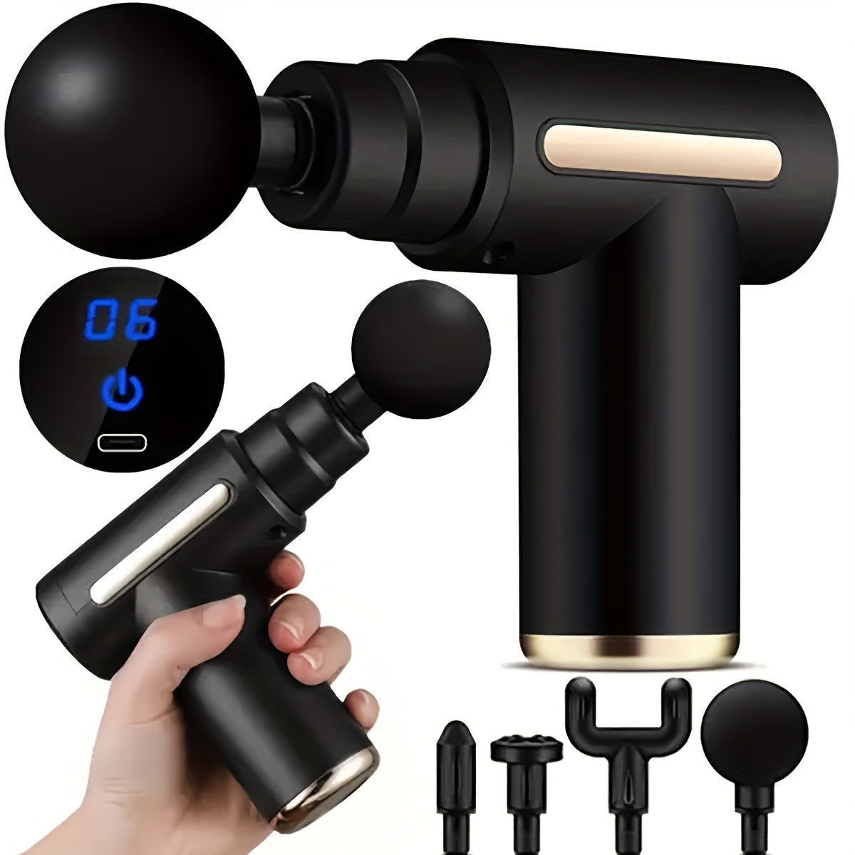 The Handheld Massage Gun, Deep Tissue Muscle Percussion Massager for body, back, and neck pain features a black ultra-compact design with digital display, rechargeable battery, and four detachable heads for versatile use.