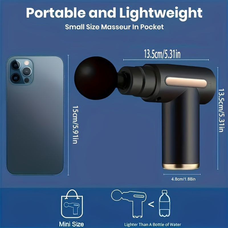 The Handheld Massage Gun is shown next to a smartphone for size comparison. At just 13.5cm tall, this USB-powered, ultra-compact, lightweight massager is easy to carry—perfect for muscle relief on the go.