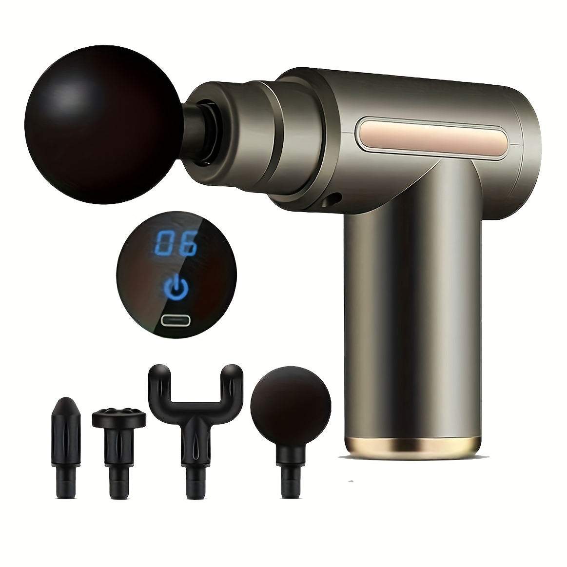 The Handheld Massage Gun, Deep Tissue Muscle Percussion Massager features a black and gold ultra-compact design, digital display, rechargeable battery, and four interchangeable heads for full-body relaxation—great gift for Father's or Mother's Day.