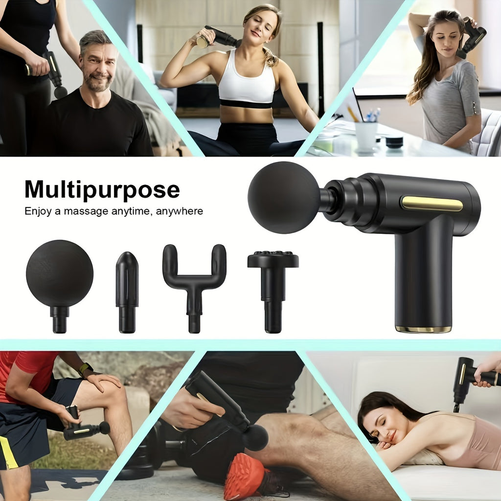 Collage of people using the Handheld Massage Gun, Deep Tissue Muscle Percussion Massager on various body parts. Highlights four interchangeable heads and text: "Multipurpose: Whole body massage anytime, anywhere." Ultra compact, high torque design.